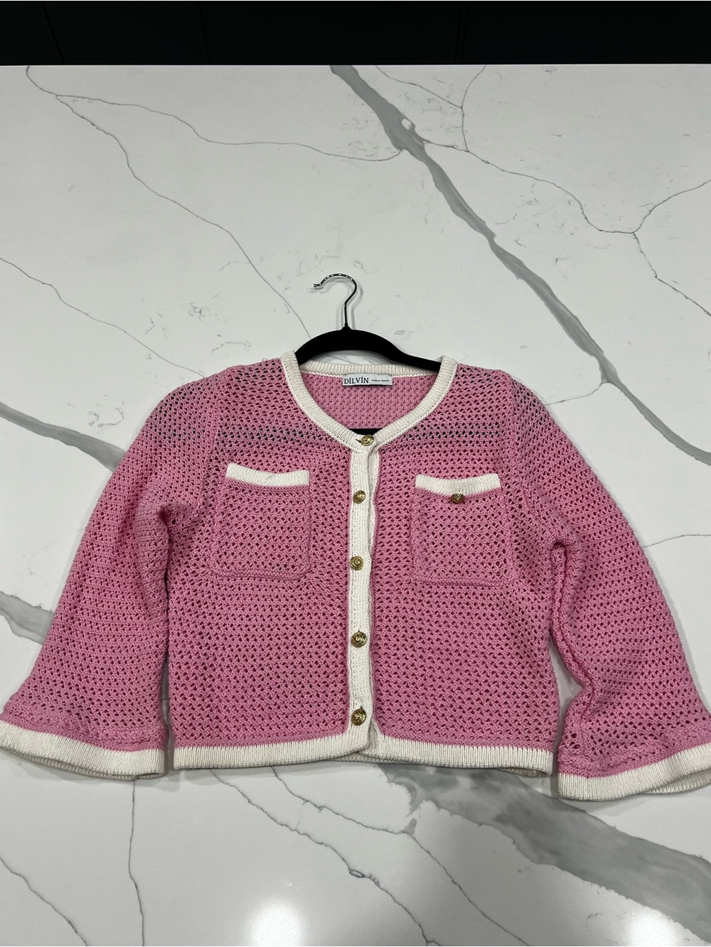 Dilvin Pink Crochet Knit Cardigan with Contrast Trim